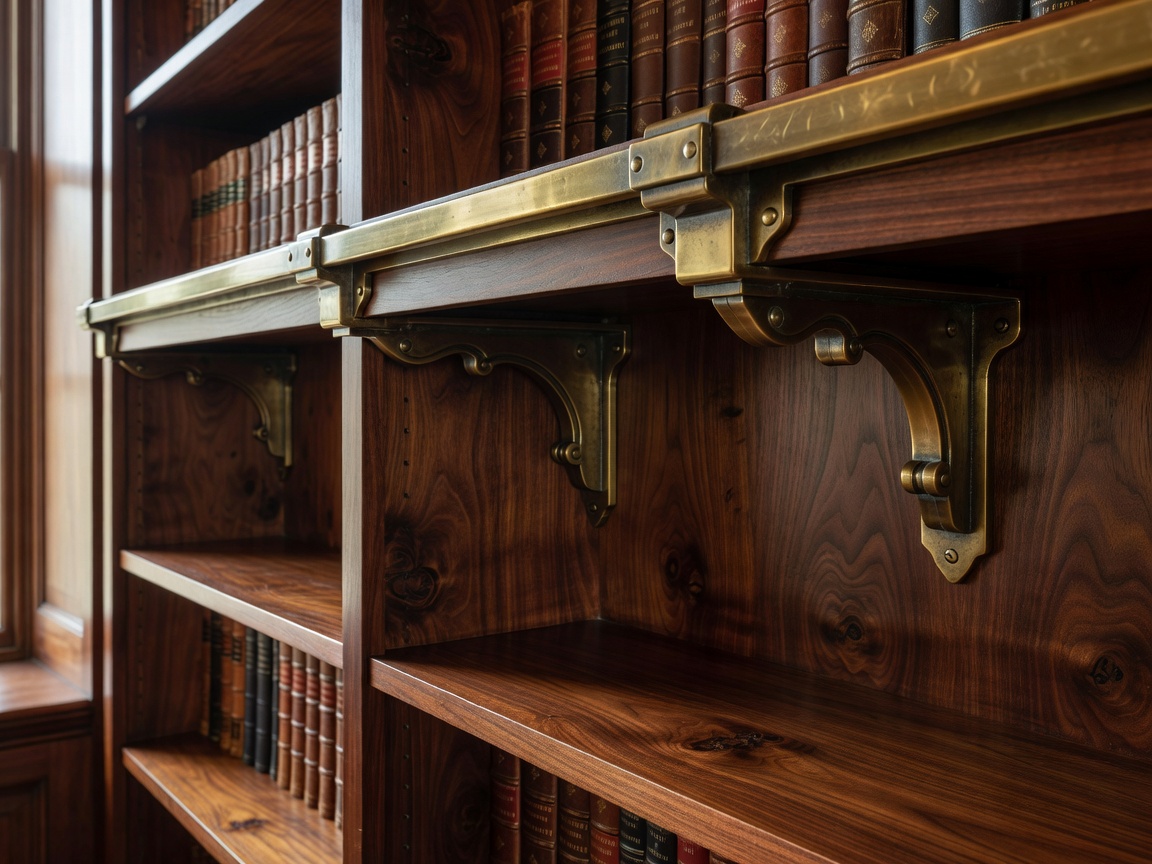 High-end wood grain library shelves showcasing the mounting brackets for an antique brass rolling ladder