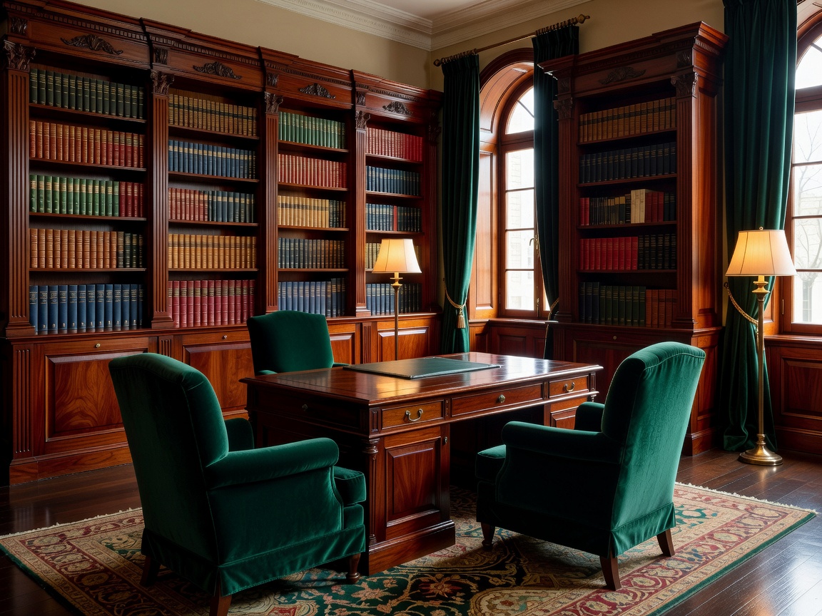Bespoke private library with polished mahogany cabinets, classic reading desk, and emerald velvet reading chairs