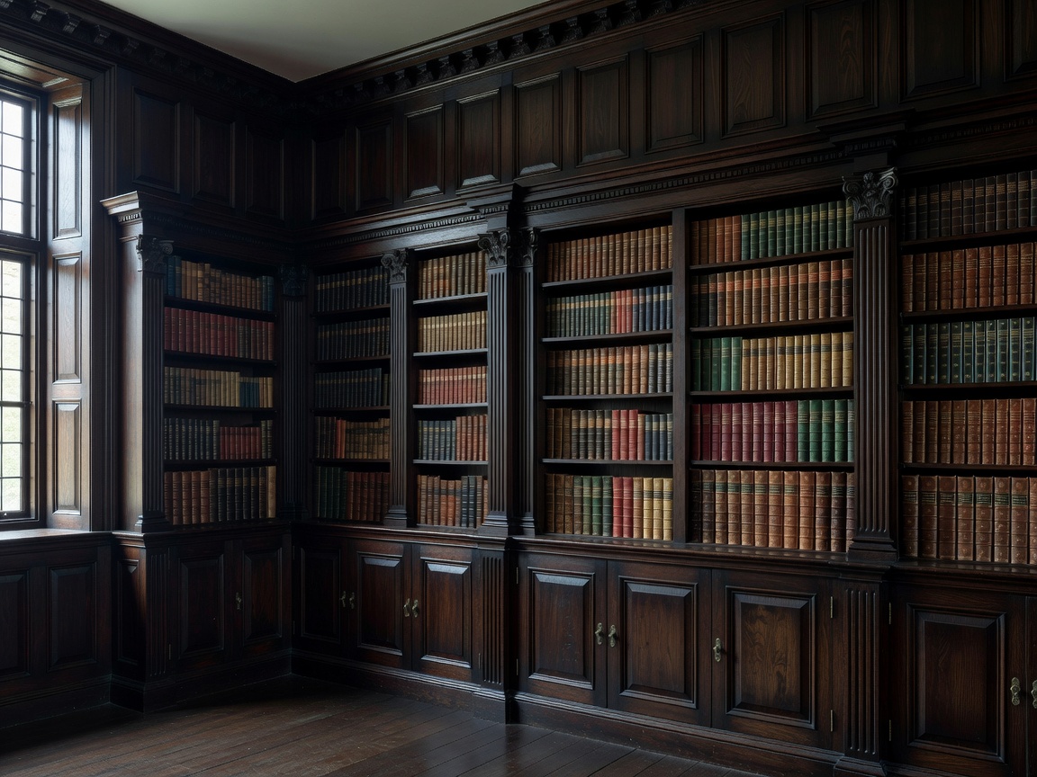Classical study room millwork with dark wood wainscoting and neatly arranged leather-bound collectible volumes