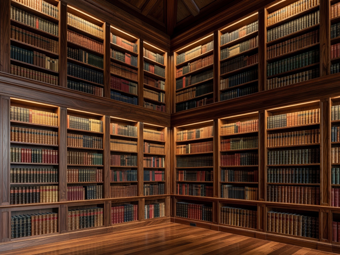 The Estate Grand Library custom double-height hand-finished walnut bookshelves with elegant integrated lighting