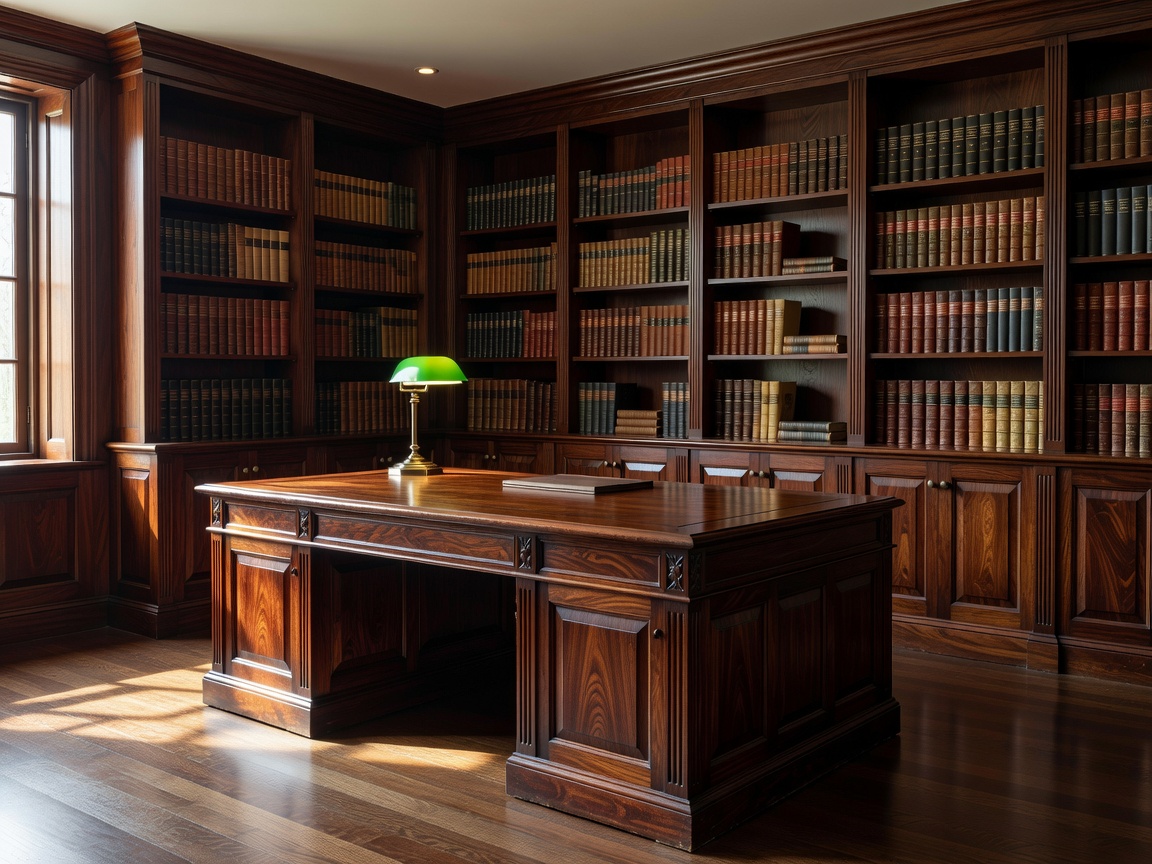 Executive study suite featuring handcrafted custom mahogany desk and integrated wall panel bookshelves