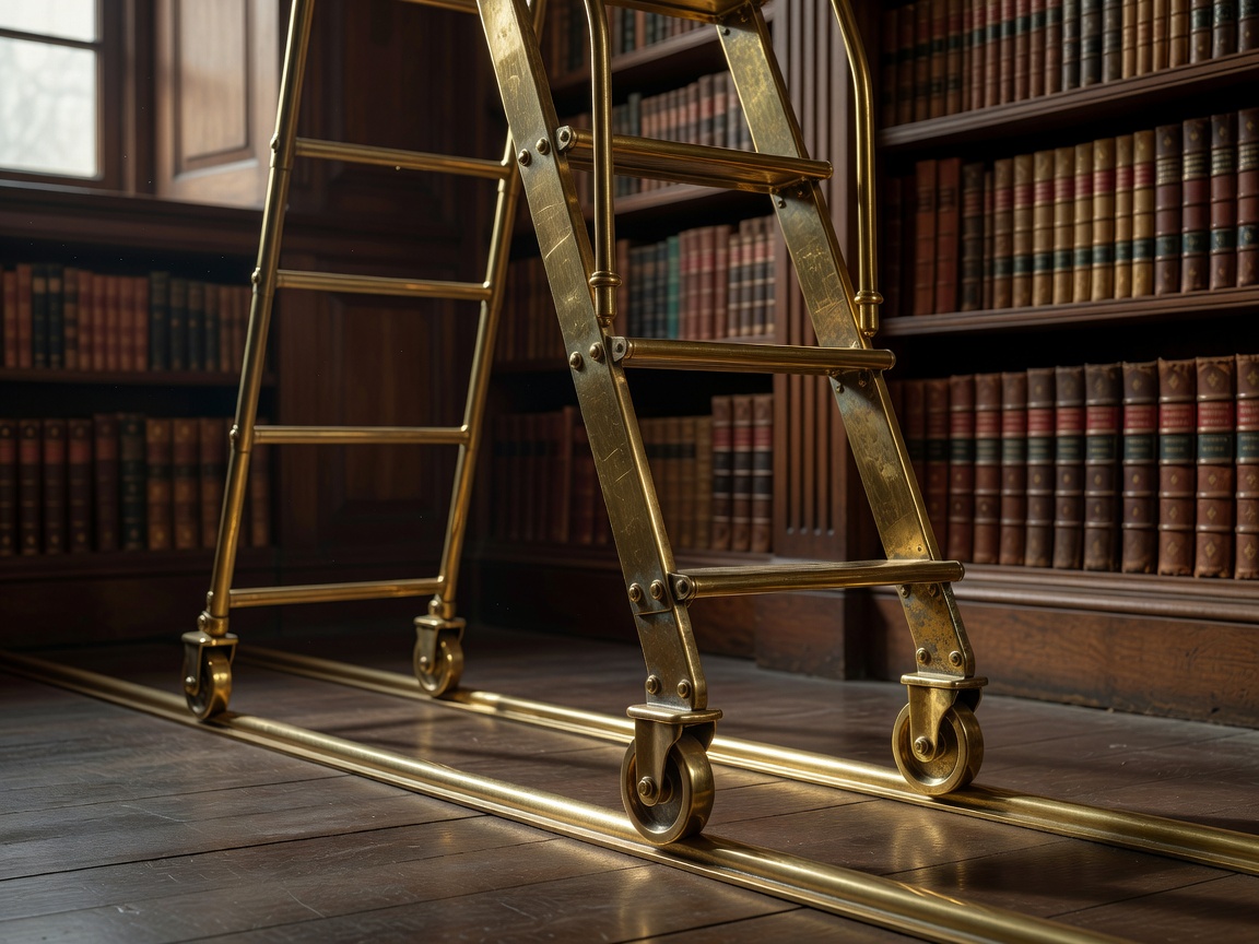 Precision rolling library ladder featuring masterfully aged brass components on running floor track